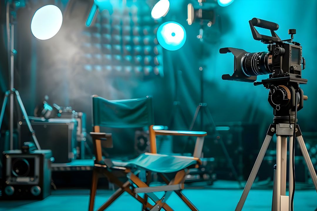 About Us 269 An empty director's chair sits next to a camera mounted on a tripod on a film set lit up by cool and blue lights | Up to 20,770 additional crew members needed to fill film vacancies by 2025. Sparks Film School