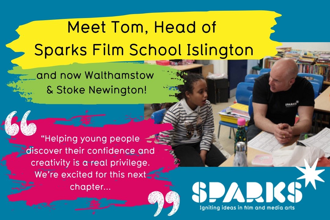 About Us 115 Meet Tom, Head of Sparks Film School Islington and now Walthamstow & Stoke Newington: Tom is talking to a young filmmaker, who is sat at a table, asking about their ideas